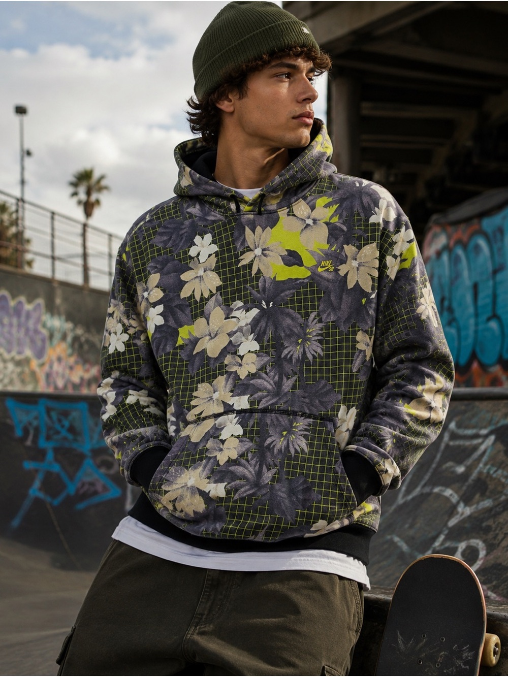 Nike SB Olive Green, Gray & Cream Floral Grid Hoodie